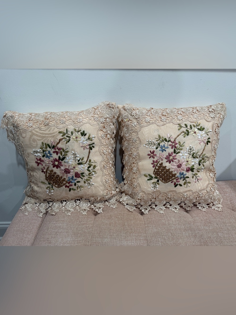Stunning Vintage Beige Embroidered Floral Throw Pillow with Lace Trim Set of 2
